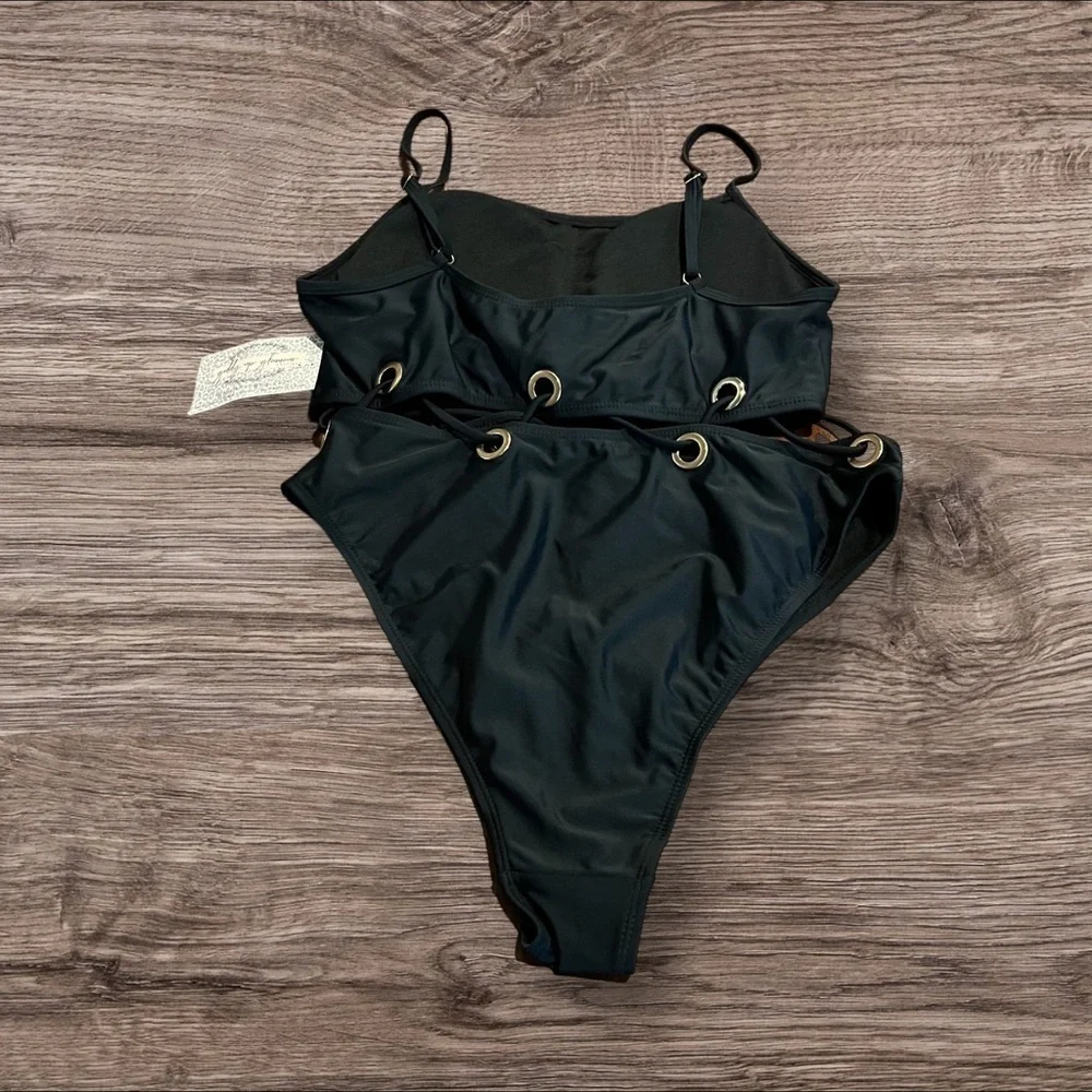 Black One Piece Swim Suit Cut Out Gold Metal Rings Thigh High Cut Size XL NWT